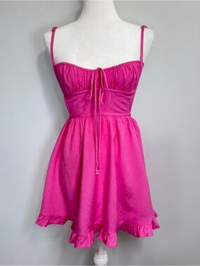 Sundays Pink Mini Dress Womens M Ramie Cotton Open Back Ruffle Hem Coquette